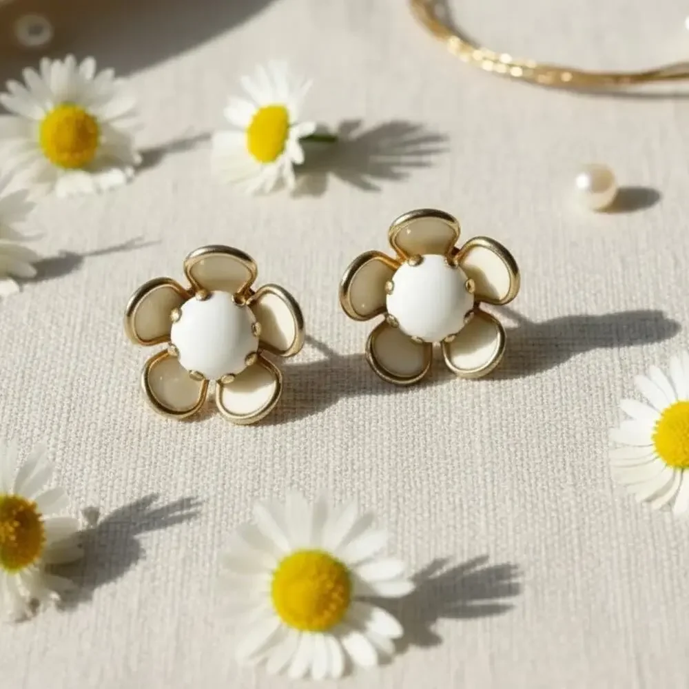 Vintage 1940s Milk Glass Floral Screw-Back Earrings Gold Tone